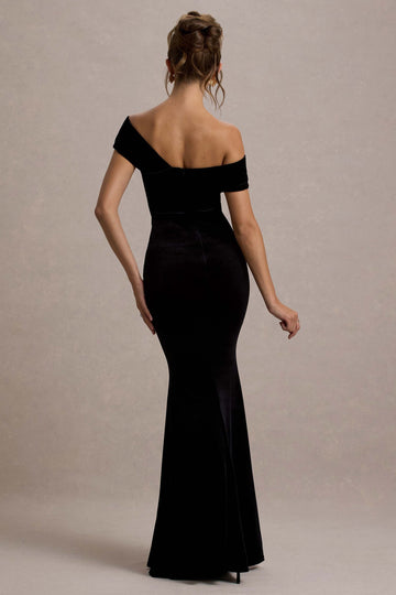 Candela Black Velvet Asymmetric Bardot Maxi Dress